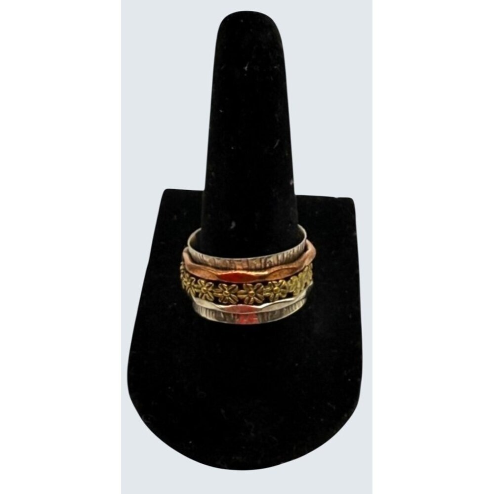 Handcrafted 925 Sterling Silver Copper Brass Spinner Ring Size 7 Flowers Boho